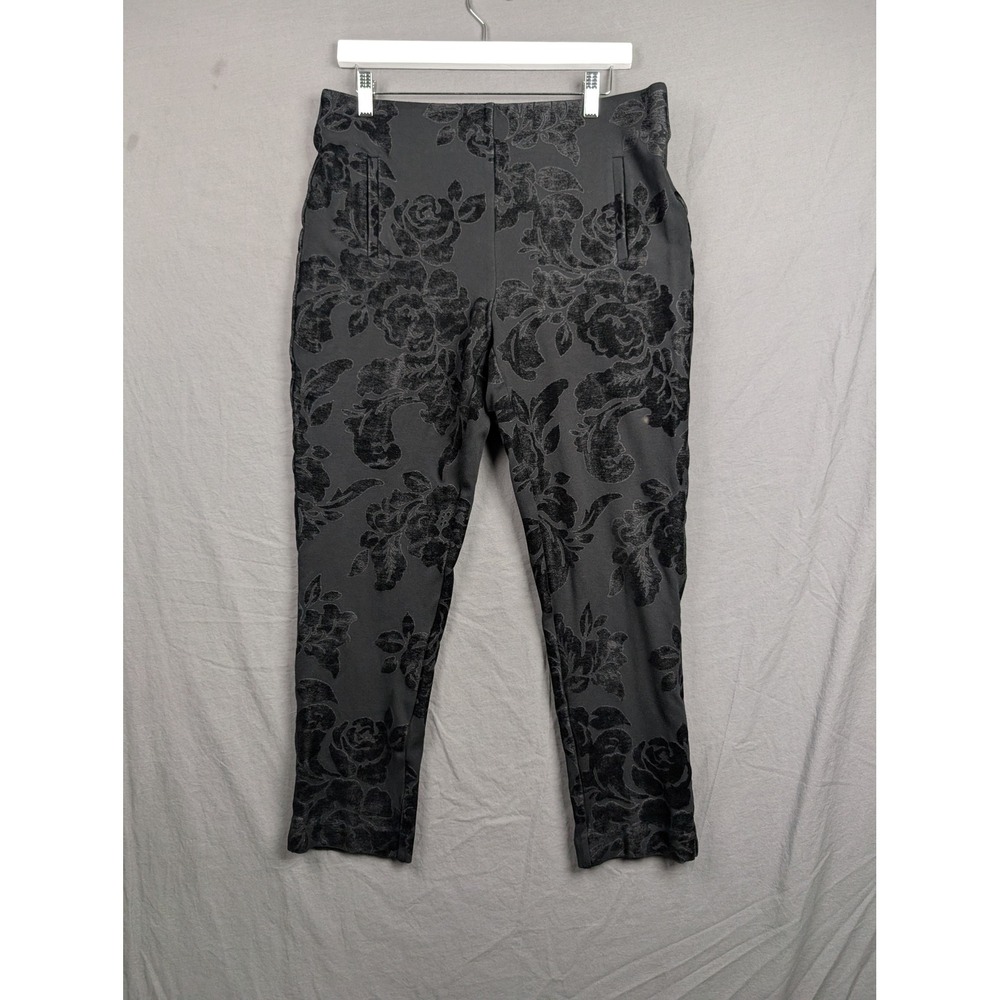 Chicos Womens‎ Black Floral Flocked Ankle Pants Size 1.5 L Slim Leg Stretch